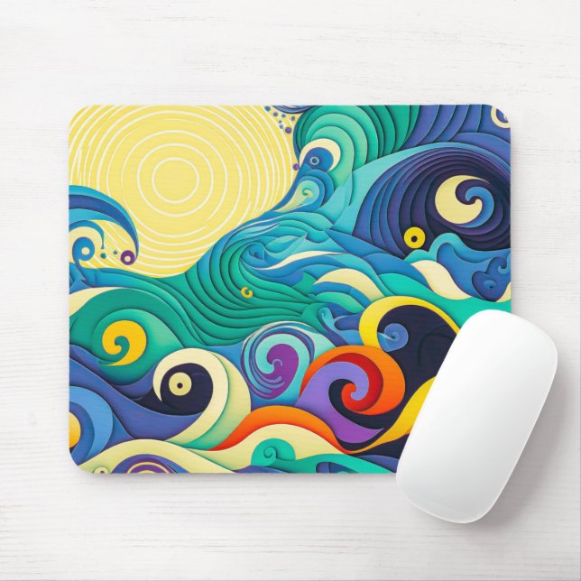 Abstract Colourful Sun Waves Line Art Illustration Mouse Pad (With Mouse)