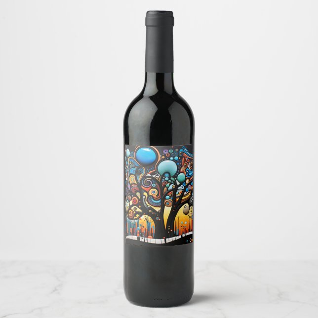 Abstract Colourful Swirl Tree Landscape Nature Wine Label (Front)