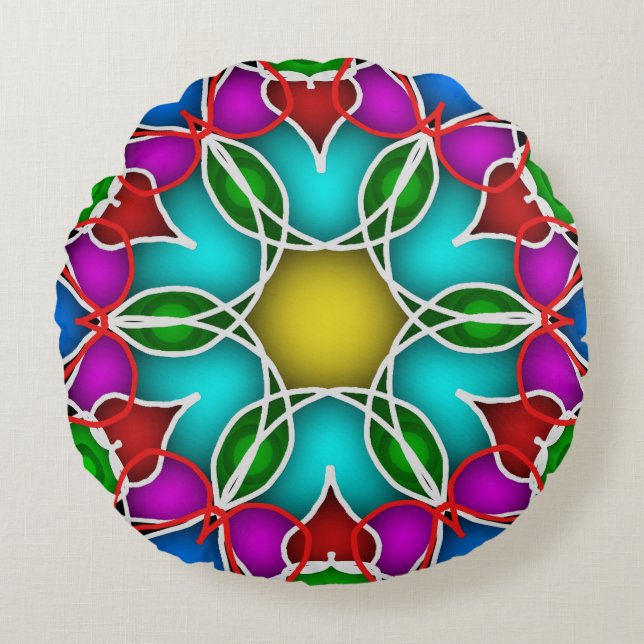 Abstract Colourful Symmetry Pattern Round Pillow (Front)