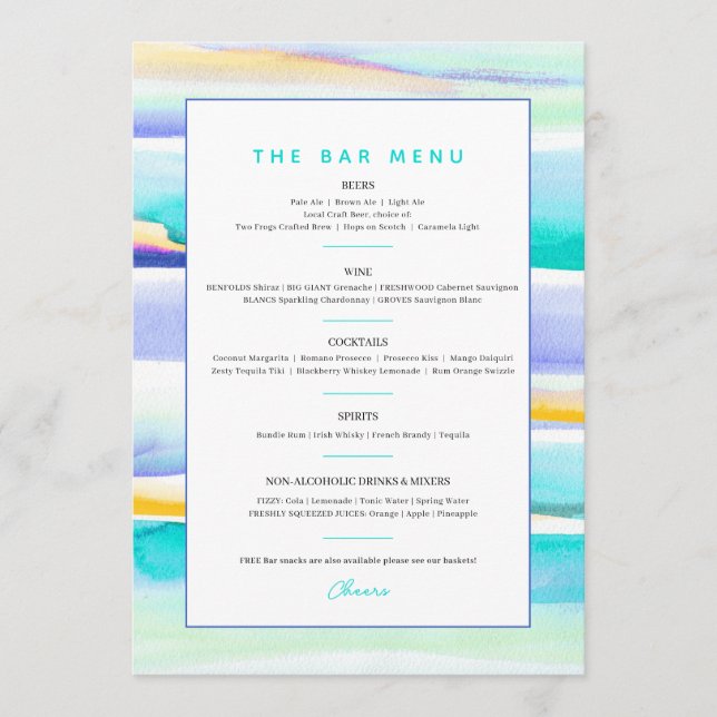 Abstract colourful tropical lines event custom bar menu (Front)