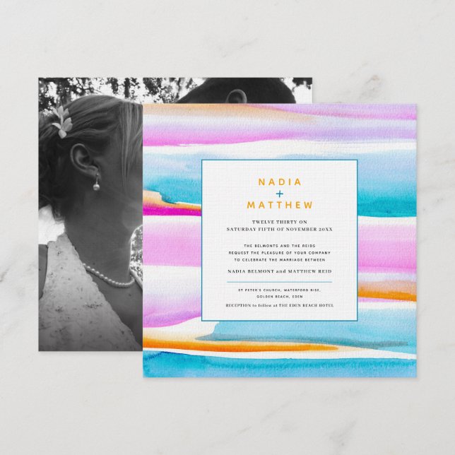 Abstract colourful tropical tide line photo weddin invitation (Front/Back)