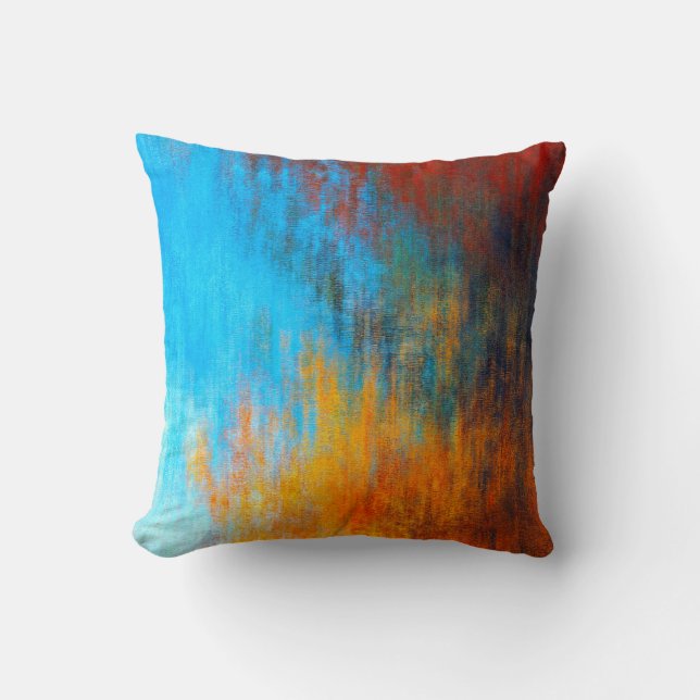 Abstract colourful turquoise blue, orange and red cushion (Front)