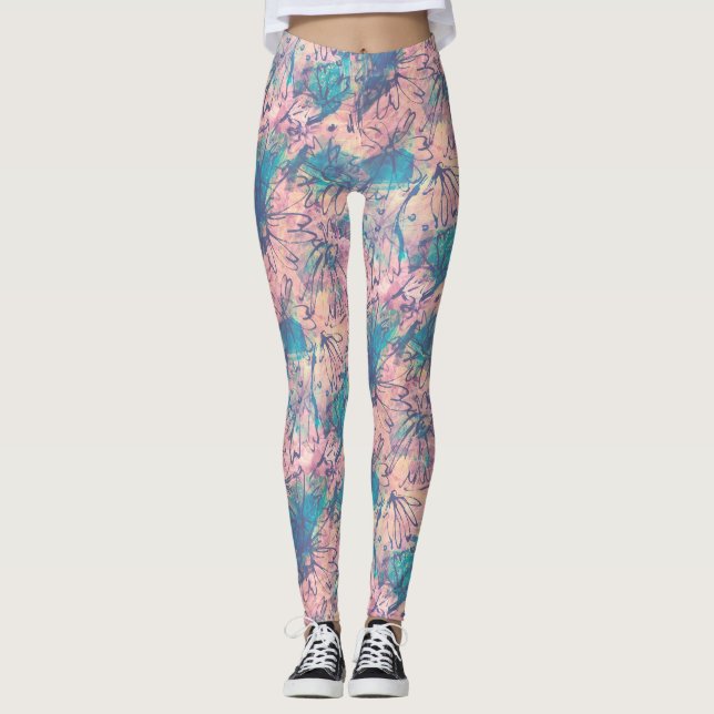 Abstract Colourful Watercolor Floral Pattern Leggings (Front)
