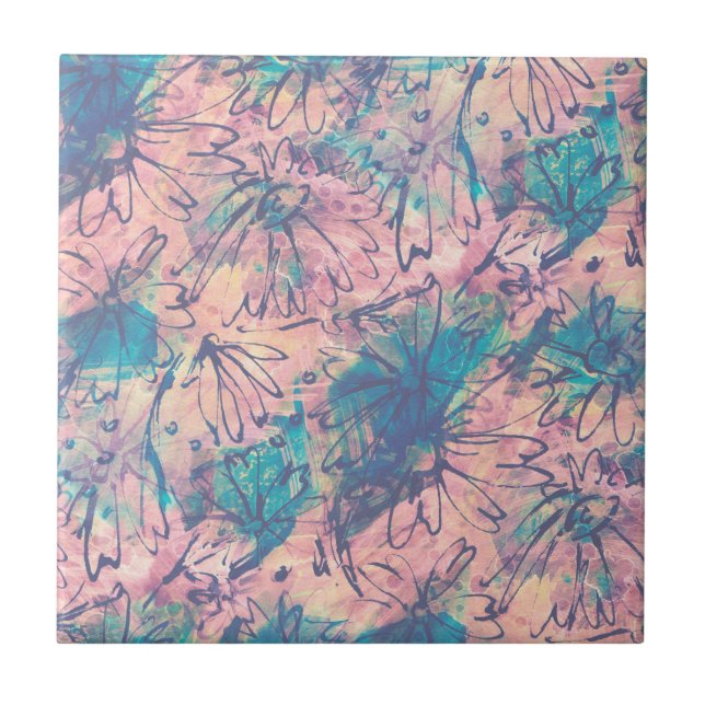 Abstract Colourful Watercolor Floral Pattern Tile (Front)