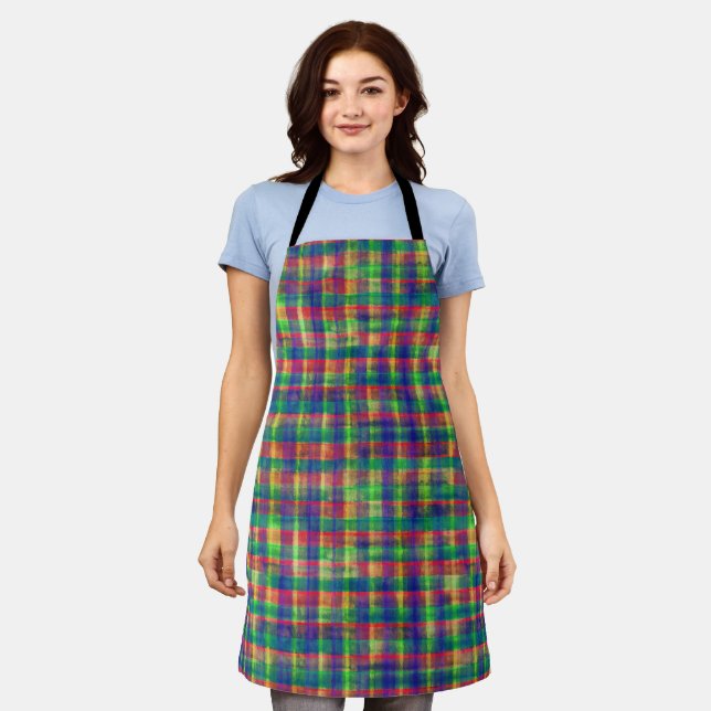 Abstract Colourful Watercolor Plaid Pattern Apron (Worn)