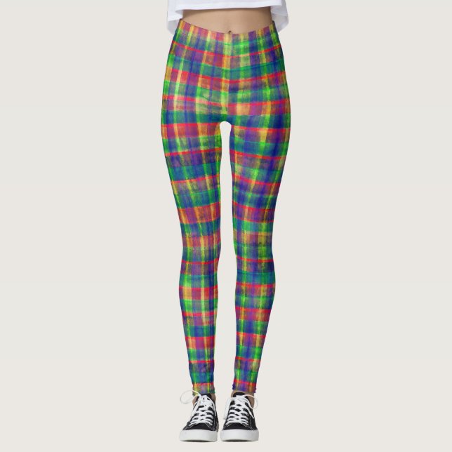 Abstract Colourful Watercolor Plaid Pattern Leggings (Front)
