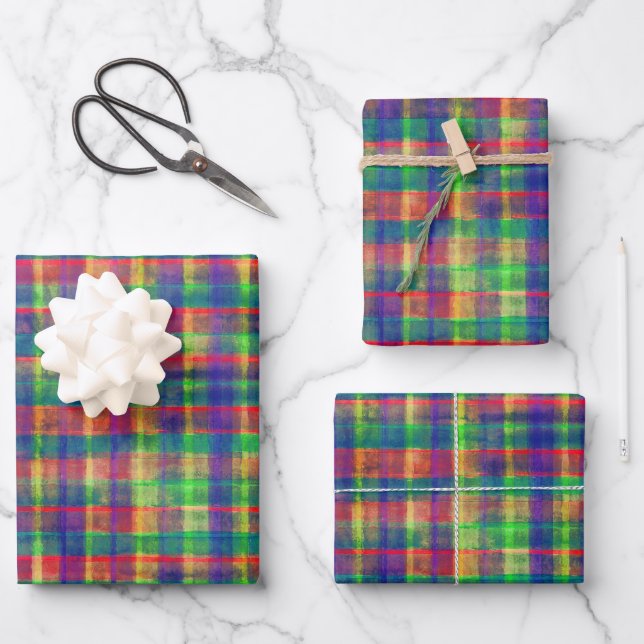 Abstract Colourful Watercolor Plaid Pattern Wrapping Paper Sheet (Front)