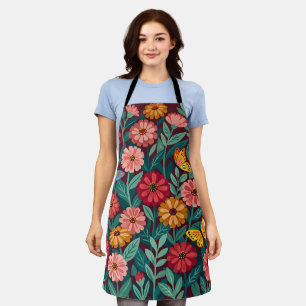 Abstract Colourful Zinnias Butterflies Apron