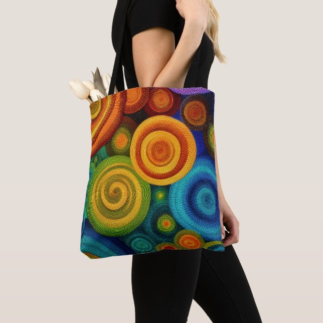 Abstract concentric circles in vibrant multicolor  tote bag (Close Up)
