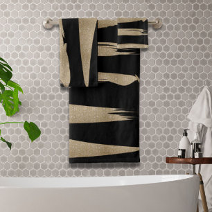 abstract contemporary chic black gold brush stroke bath towel set