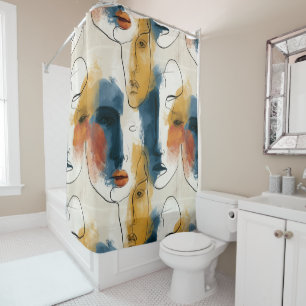 Abstract Continuous Line Art Women's Faces Pattern Shower Curtain