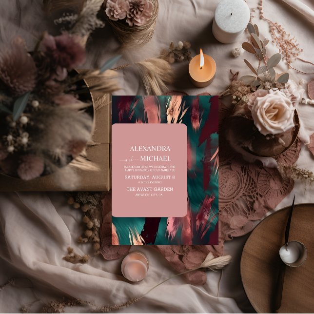 Abstract copper dark green dusty pink wedding invitation (Creator Uploaded)