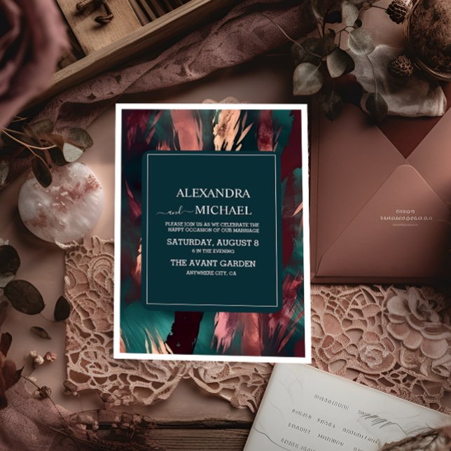 Abstract copper dark green dusty pink wedding invitation (Creator Uploaded)