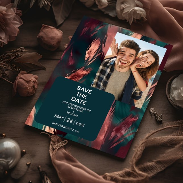 Abstract copper dark green dusty pink wedding save the date (Creator Uploaded)