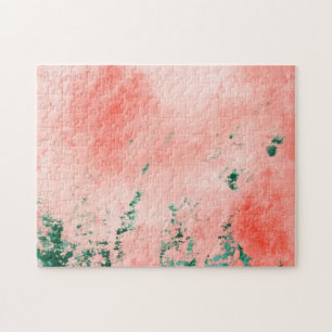 Abstract coral and green watercolor painting jigsaw puzzle