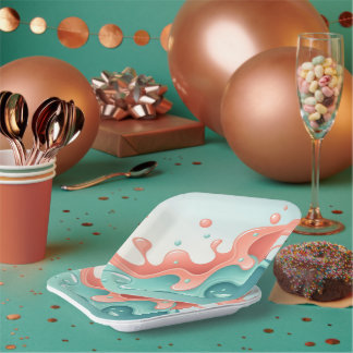 Abstract Coral & Teal Fluid Art Coffee Paper Plate