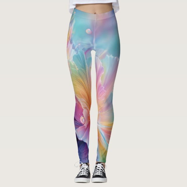 Abstract cosmic floral explosion in pastel leggings (Front)