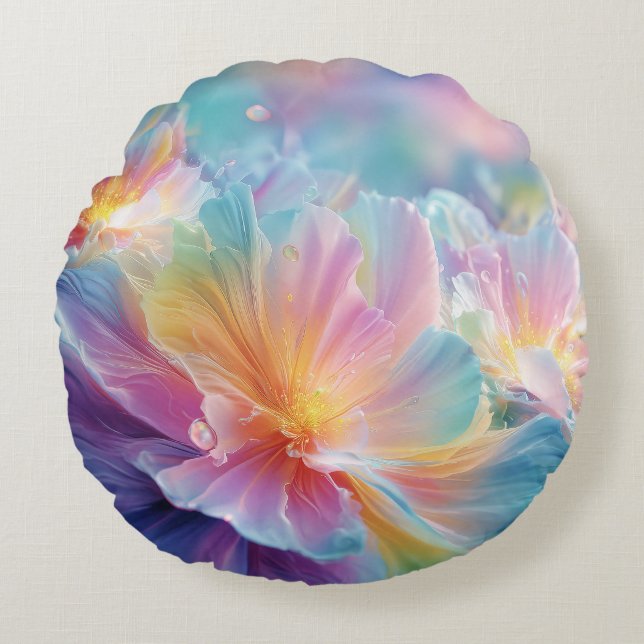 Abstract cosmic floral explosion in pastel round cushion (Front)
