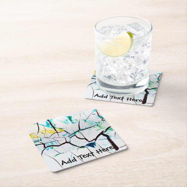 Abstract Cracks in Green, Yellow and Blue Square Paper Coaster (Insitu)