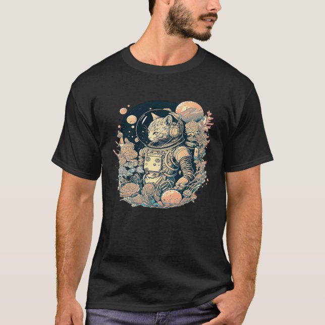 Abstract Creative Astronaut Cat with a Pop of Colo T-Shirt (Front)