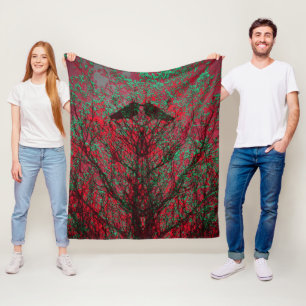 Abstract crow bird tree pink aqua fleece blanket