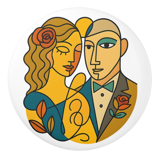 Abstract Cubist Couple Romantic Modern Art Design Ceramic Knob (Front)