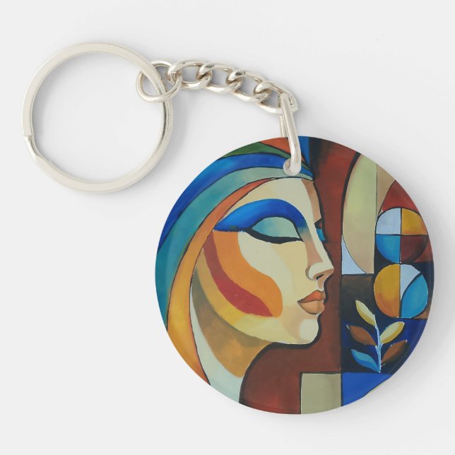 Abstract Cubist Woman Art Square Keychain (Front)