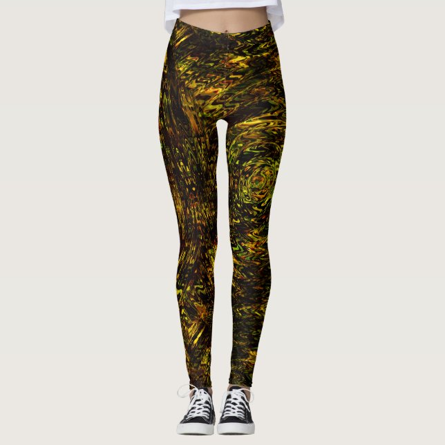 Abstract curved bands in golden green and darkest  leggings (Front)