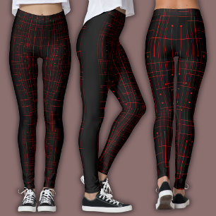 Abstract Cyber Circuit Pattern   Black & Crimson Leggings