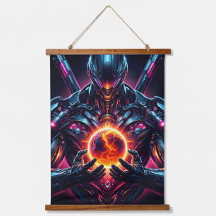 Abstract Cyber Cosmic Guardian Futuristic Robot Hanging Tapestry