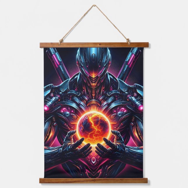 Abstract Cyber Cosmic Guardian Futuristic Robot Hanging Tapestry (Front)