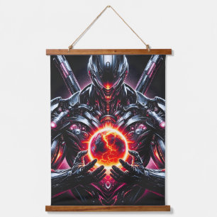 Abstract Cyber Cosmic Guardian Futuristic Robot Hanging Tapestry