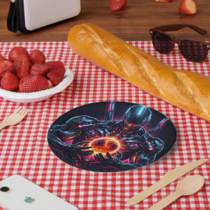 Abstract Cyber Cosmic Guardian Futuristic Robot Paper Plate