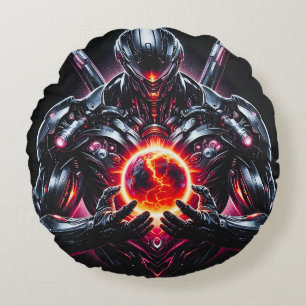 Abstract Cyber Cosmic Guardian Futuristic Robot Round Cushion