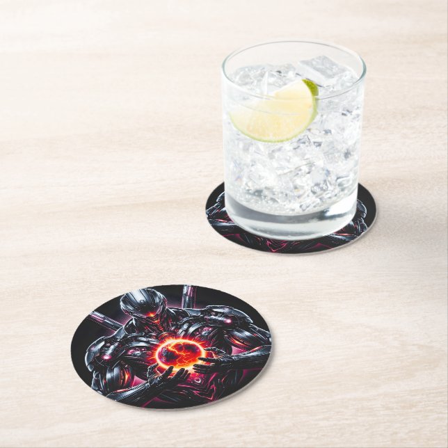 Abstract Cyber Cosmic Guardian Futuristic Robot Round Paper Coaster (Insitu)