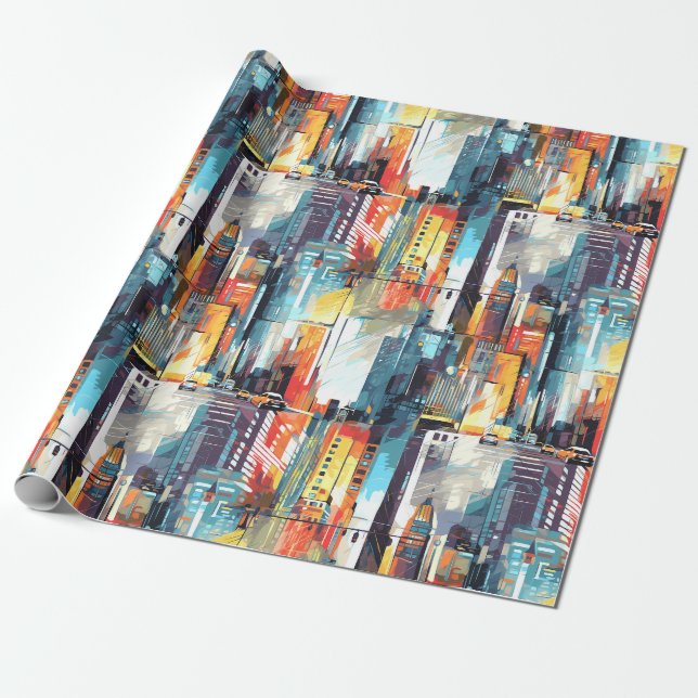 Abstract Cyberpunk Cityscape Skyline (2) Wrapping Paper (Unrolled)