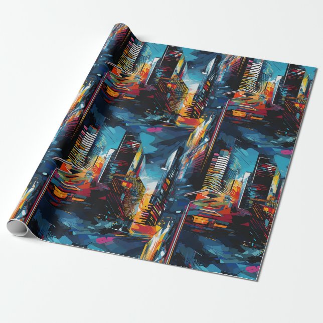 Abstract Cyberpunk Cityscape Skyline (3) Wrapping Paper (Unrolled)