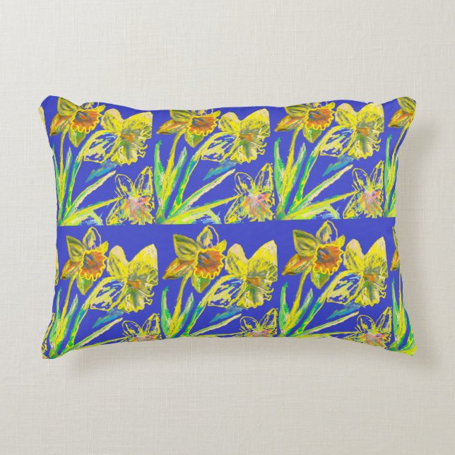 Abstract Daffodil Yellow Blue Flowers Floral Art   Decorative Cushion (Front)