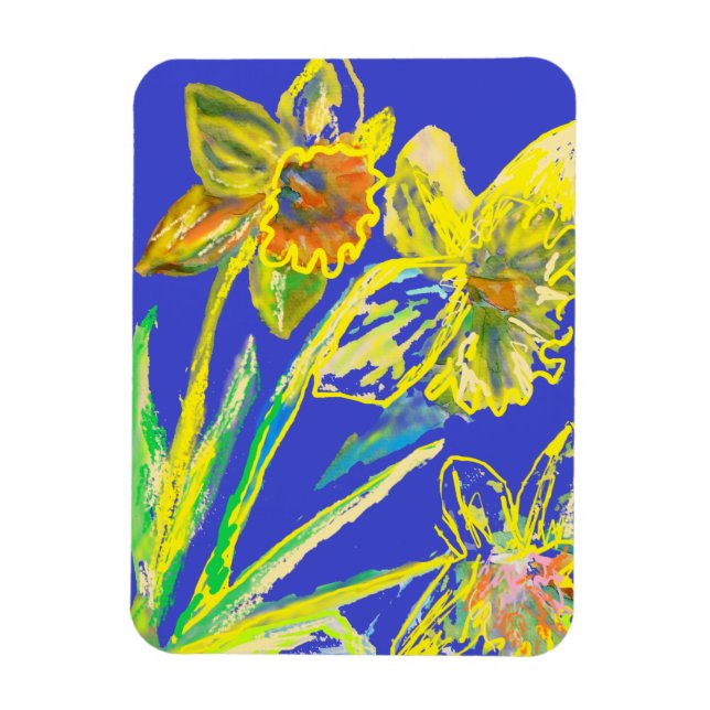 Abstract Daffodil Yellow Blue Flowers Floral Art L Magnet (Vertical)