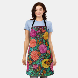 Abstract Dahlias Butterflies Folk Apron