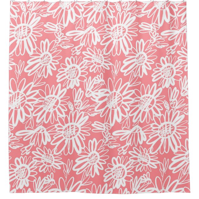 Abstract daisy sketch, monochrome pattern shower curtain (Front)