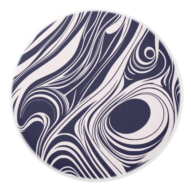 Abstract dark blue and grey liquid swirls design ceramic knob (Front)