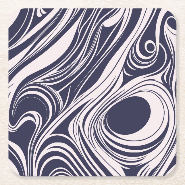 Abstract dark blue and grey liquid swirls design square paper coaster (Front)