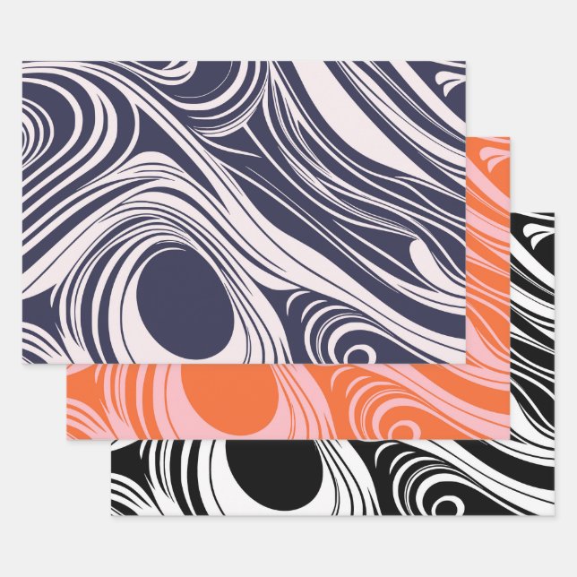 Abstract dark blue and grey liquid swirls design wrapping paper sheet (Set)