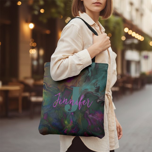 Abstract Dark Coloured Liquid Paint Name & Monogra Tote Bag (Creator Uploaded)