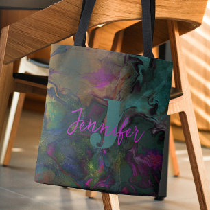 Abstract Dark Coloured Liquid Paint Name & Monogra Tote Bag