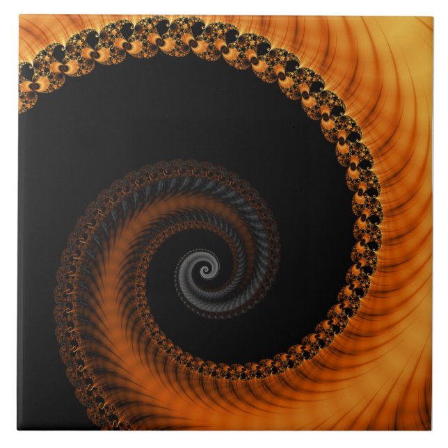 Abstract dark golden orange spiral fractal pattern tile (Front)