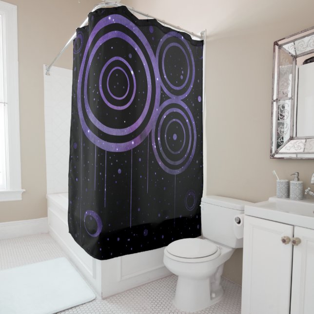 Abstract Dark Purple Space Circles Design Shower Curtain (In Situ)