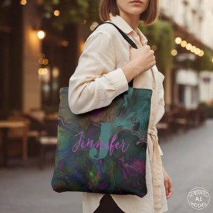 Abstract Dark Teal & Purple Liquid Paint Monogram Tote Bag