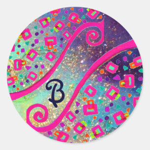 ABSTRACT DECO MONOGRAM Pink Fuchsia Blue Swirls Classic Round Sticker